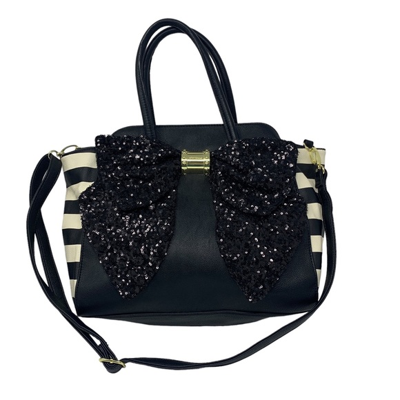 Betsy Johnson Purse Black Sequin Bow |Detachable Crossbody Strap / Handbag| - Picture 7 of 11